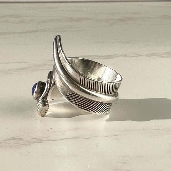 Native American Navajo Sterling Silver & Lapis Wrap Around Feather Ring Signed C - Picture 2 of 9